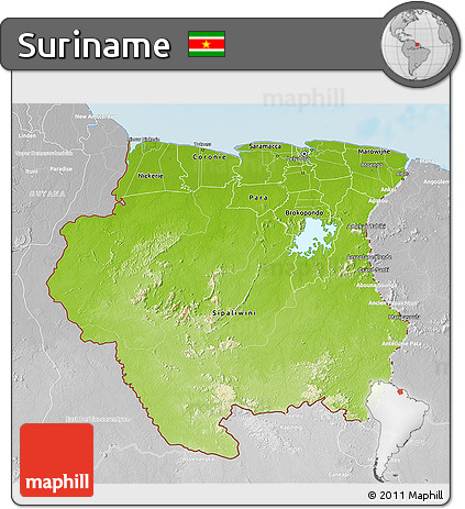 Physical 3D Map of Suriname, lighten, desaturated, land only