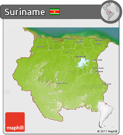 Physical 3D Map of Suriname, single color outside, satellite sea