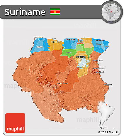 Political 3D Map of Suriname, cropped outside
