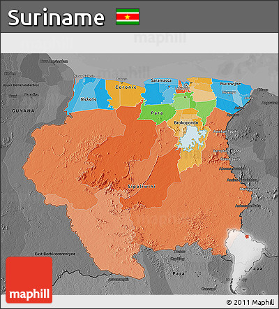 Political 3D Map of Suriname, darken, desaturated