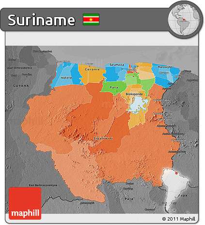 Political 3D Map of Suriname, darken, desaturated