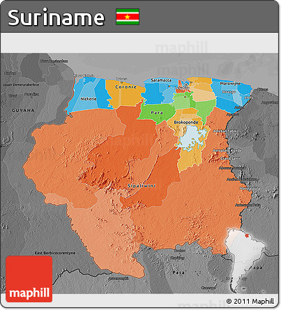 Political 3D Map of Suriname, darken, desaturated