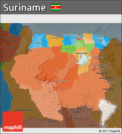 Political 3D Map of Suriname, darken