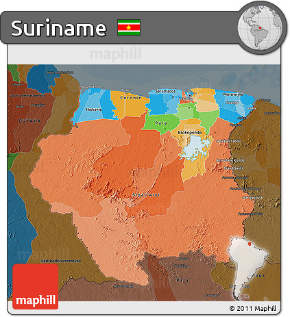 Political 3D Map of Suriname, darken