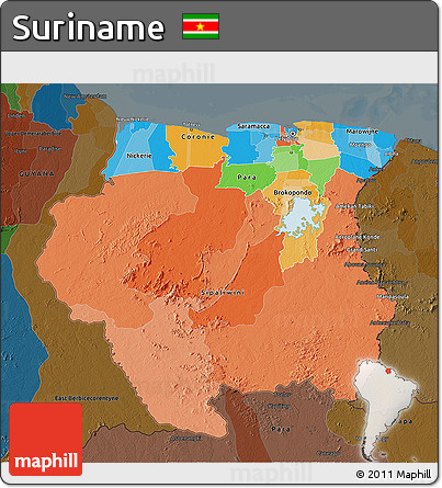 Political 3D Map of Suriname, darken
