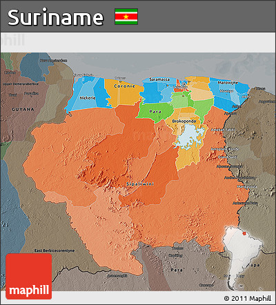 Political 3D Map of Suriname, darken, semi-desaturated