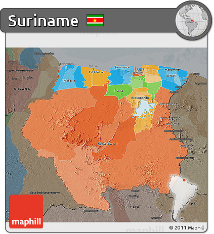 Political 3D Map of Suriname, darken, semi-desaturated