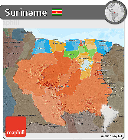 Political 3D Map of Suriname, darken, semi-desaturated, land only