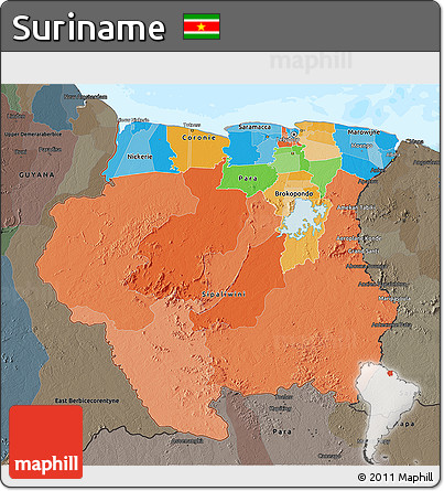 Political 3D Map of Suriname, darken, semi-desaturated, land only