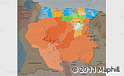 Political 3D Map of Suriname, darken, semi-desaturated