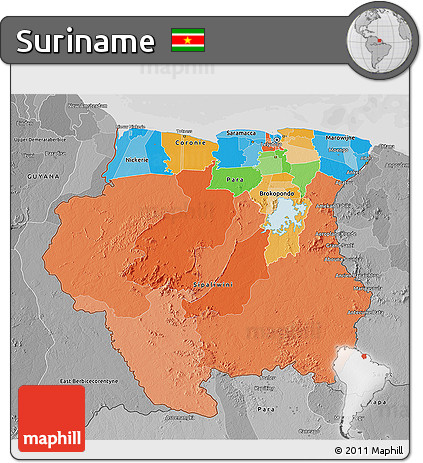 Political 3D Map of Suriname, desaturated