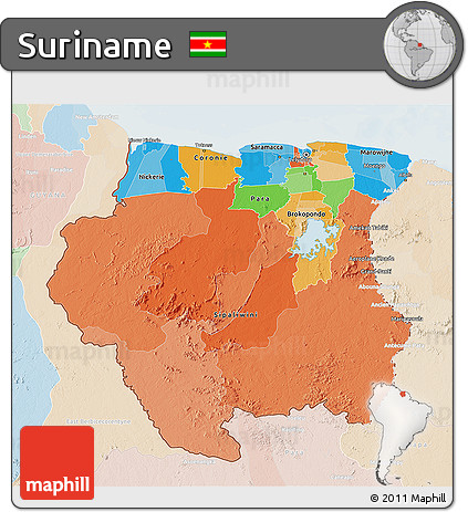 Political 3D Map of Suriname, lighten
