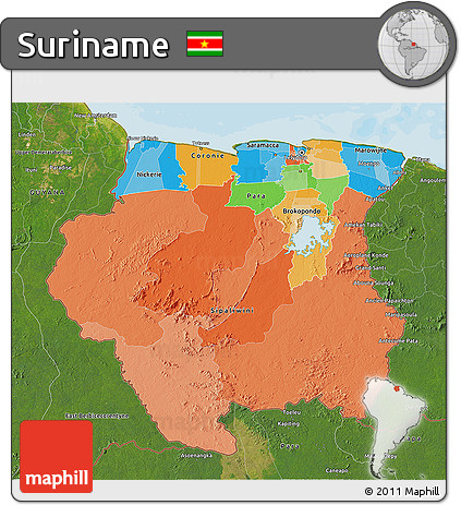 Political 3D Map of Suriname, satellite outside, bathymetry sea