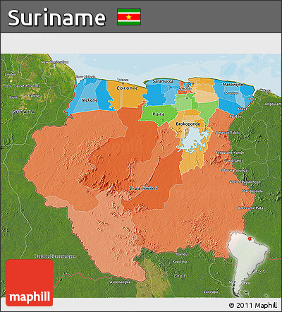 Political 3D Map of Suriname, satellite outside, bathymetry sea