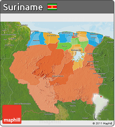 Political 3D Map of Suriname, satellite outside, bathymetry sea
