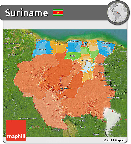 Political 3D Map of Suriname, satellite outside