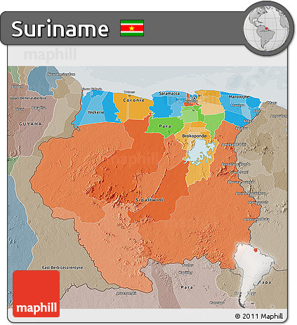 Political 3D Map of Suriname, semi-desaturated