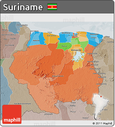 Political 3D Map of Suriname, semi-desaturated