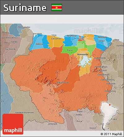 Political 3D Map of Suriname, semi-desaturated