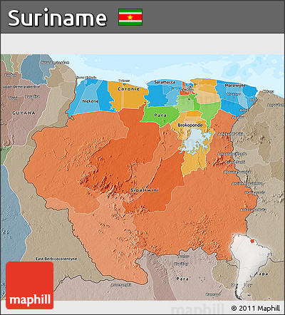 Political 3D Map of Suriname, semi-desaturated, land only