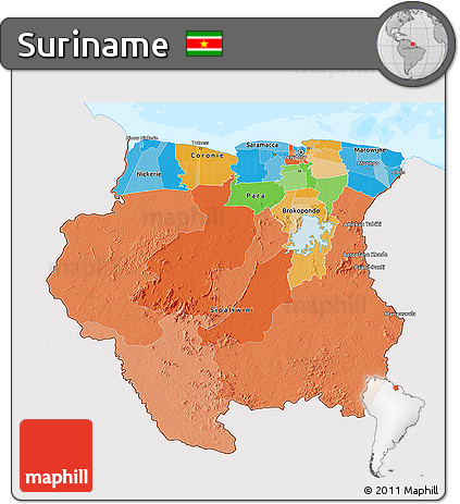 Political 3D Map of Suriname, single color outside, bathymetry sea
