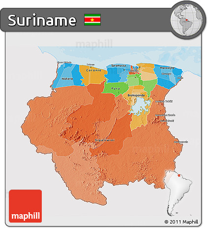 Political 3D Map of Suriname, single color outside