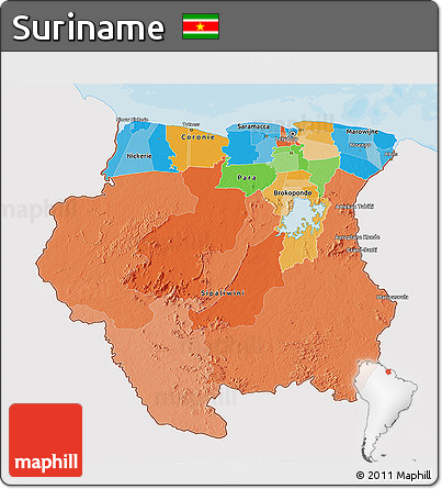 Political 3D Map of Suriname, single color outside