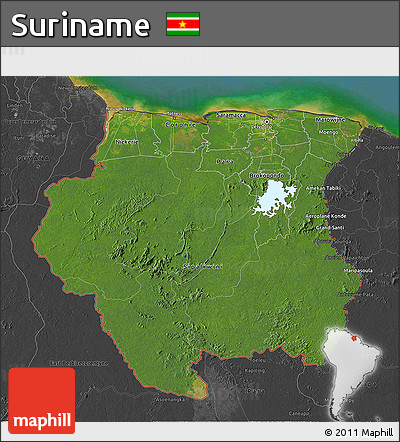 Satellite 3D Map of Suriname, darken, desaturated, land only