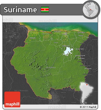 Satellite 3D Map of Suriname, darken, desaturated, land only