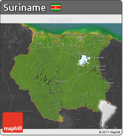 Satellite 3D Map of Suriname, darken, desaturated, land only