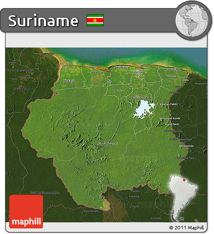 Satellite 3D Map of Suriname, darken, land only