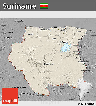 Shaded Relief 3D Map of Suriname, darken, desaturated