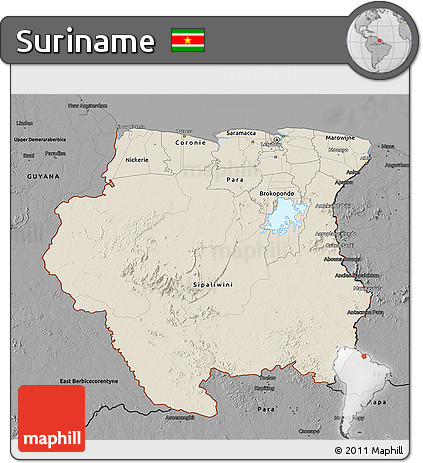 Shaded Relief 3D Map of Suriname, darken, desaturated
