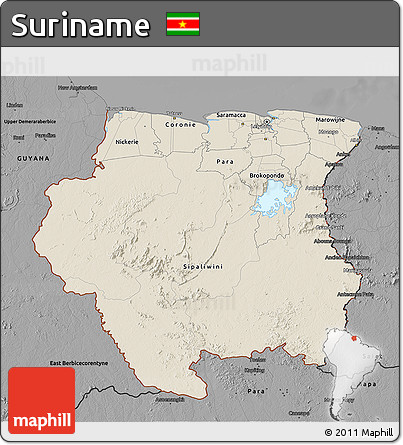 Shaded Relief 3D Map of Suriname, darken, desaturated