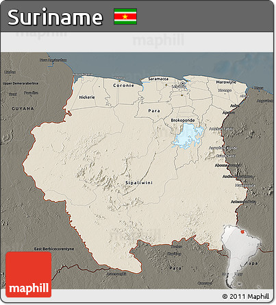 Shaded Relief 3D Map of Suriname, darken
