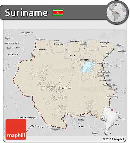 Shaded Relief 3D Map of Suriname, desaturated
