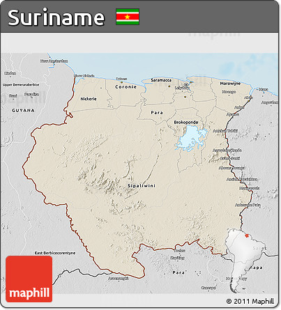 Shaded Relief 3D Map of Suriname, desaturated, land only