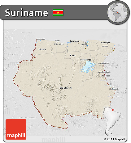 Shaded Relief 3D Map of Suriname, lighten, desaturated