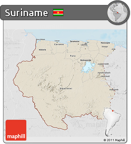 Shaded Relief 3D Map of Suriname, lighten, desaturated, land only