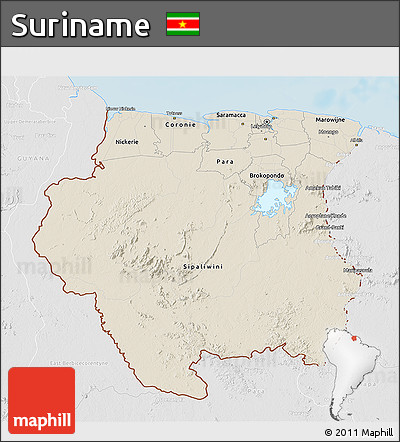 Shaded Relief 3D Map of Suriname, lighten, desaturated, land only