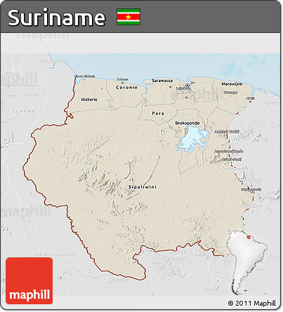 Shaded Relief 3D Map of Suriname, lighten, desaturated, land only