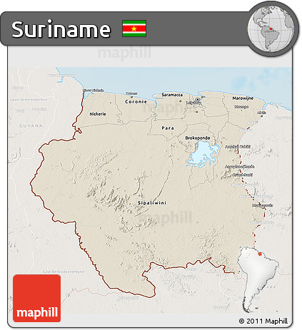 Shaded Relief 3D Map of Suriname, lighten, land only