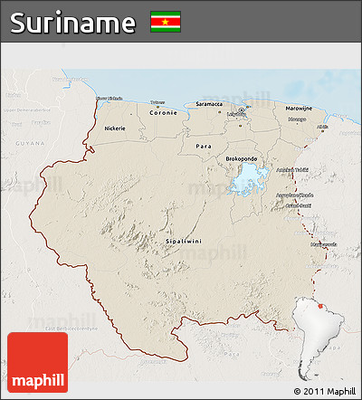 Shaded Relief 3D Map of Suriname, lighten, land only