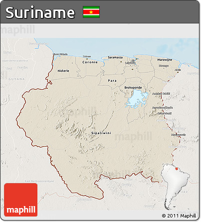 Shaded Relief 3D Map of Suriname, lighten, land only