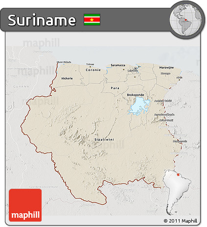 Shaded Relief 3D Map of Suriname, lighten, semi-desaturated