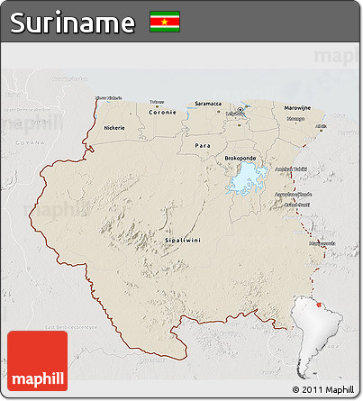 Shaded Relief 3D Map of Suriname, lighten, semi-desaturated