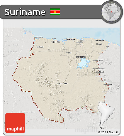 Shaded Relief 3D Map of Suriname, lighten, semi-desaturated, land only