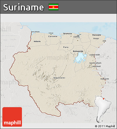 Shaded Relief 3D Map of Suriname, lighten, semi-desaturated, land only