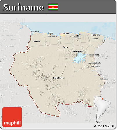 Shaded Relief 3D Map of Suriname, lighten, semi-desaturated, land only