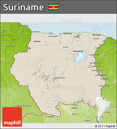Shaded Relief 3D Map of Suriname, physical outside